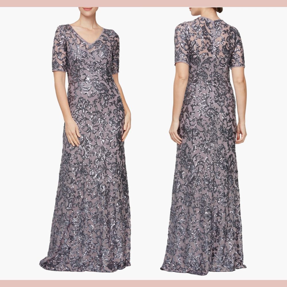 NWT $259 Alex Evenings [ 10 ] V Neck Sequin A-Line Evening Gown Icy Orchid #Q991